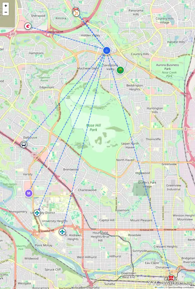 Daily accessibility map for 96 HIDDEN VALE CR NW, Calgary showing nearby schools, grocery stores, parks, LRT stations and nearby amenities