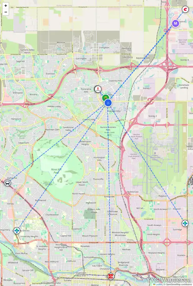 Daily accessibility map for 119 HARVEST OAK CR NE, Calgary showing nearby schools, grocery stores, parks, LRT stations and nearby amenities