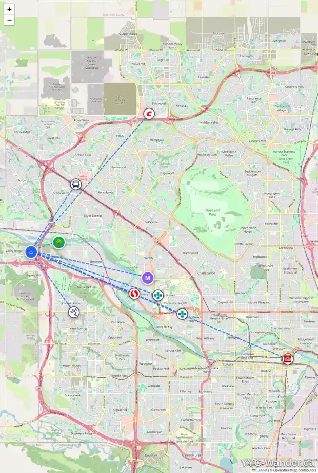Daily accessibility map for 236 VALLEY GLEN HT NW, Calgary showing nearby schools, grocery stores, parks, LRT stations and nearby amenities