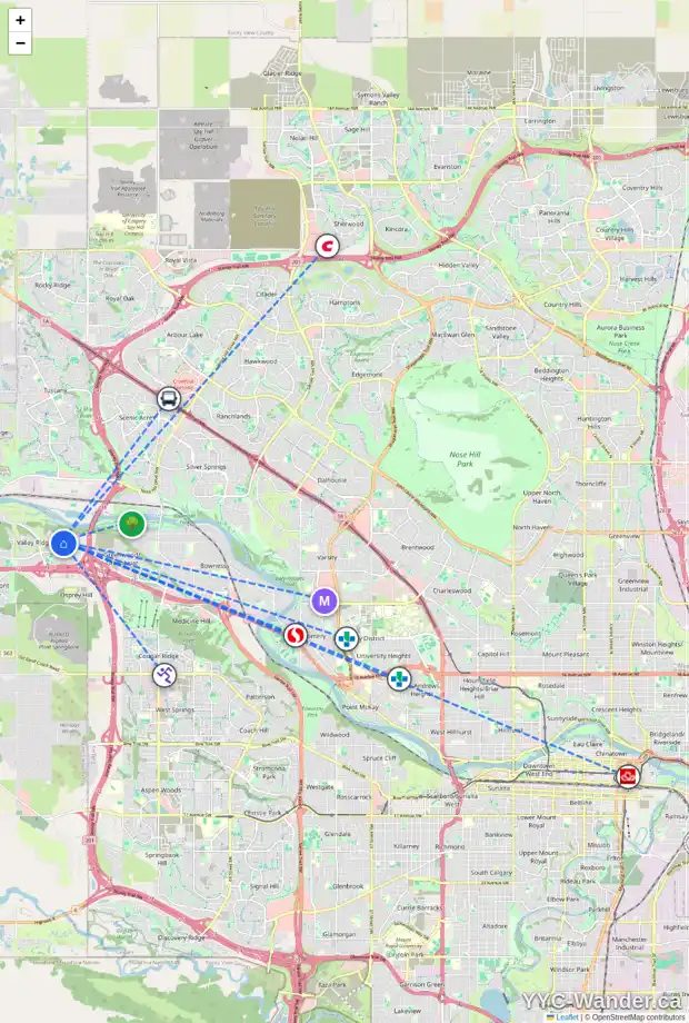 Daily accessibility map for 131 VALLEY SPRINGS TC NW, Calgary showing nearby schools, grocery stores, parks, LRT stations and nearby amenities