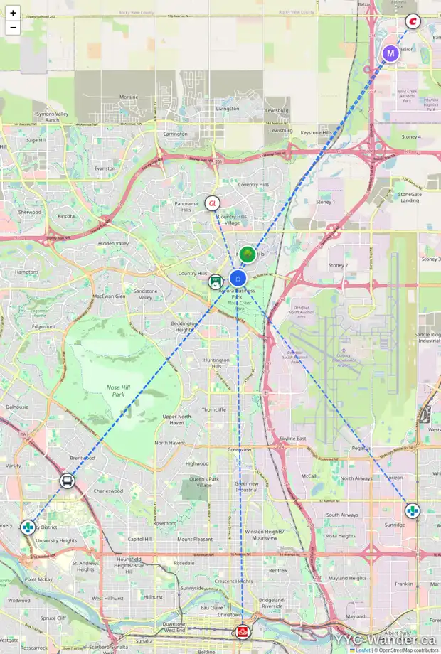 Daily accessibility map for 169 HARVEST ROSE CI NE, Calgary showing nearby schools, grocery stores, parks, LRT stations and nearby amenities