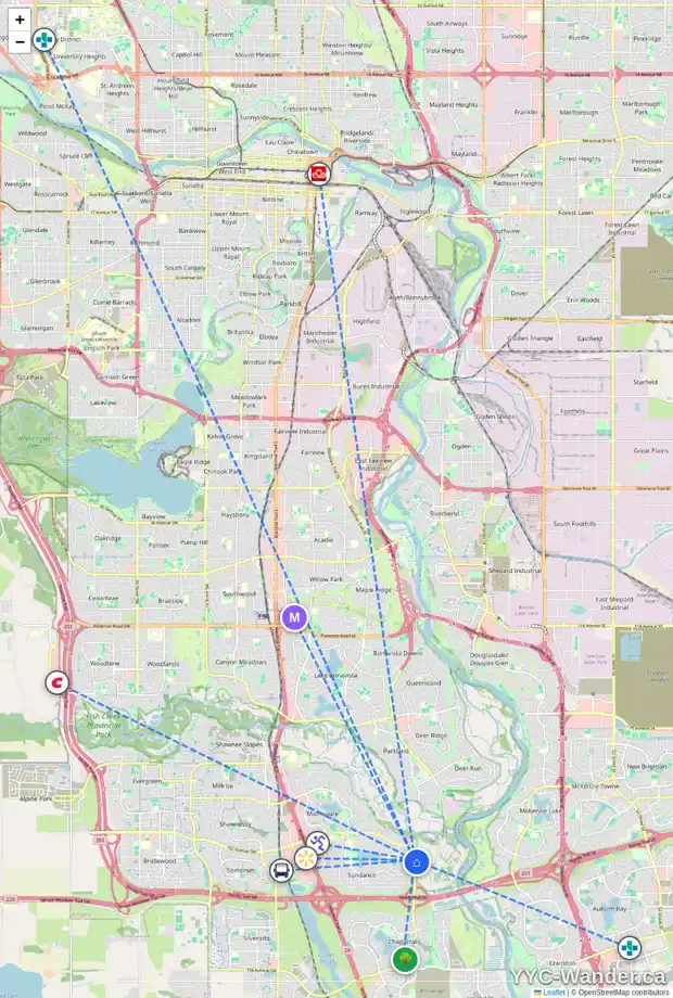 Daily accessibility map for 53 SUN HARBOUR RD SE, Calgary showing nearby schools, grocery stores, parks, LRT stations and nearby amenities