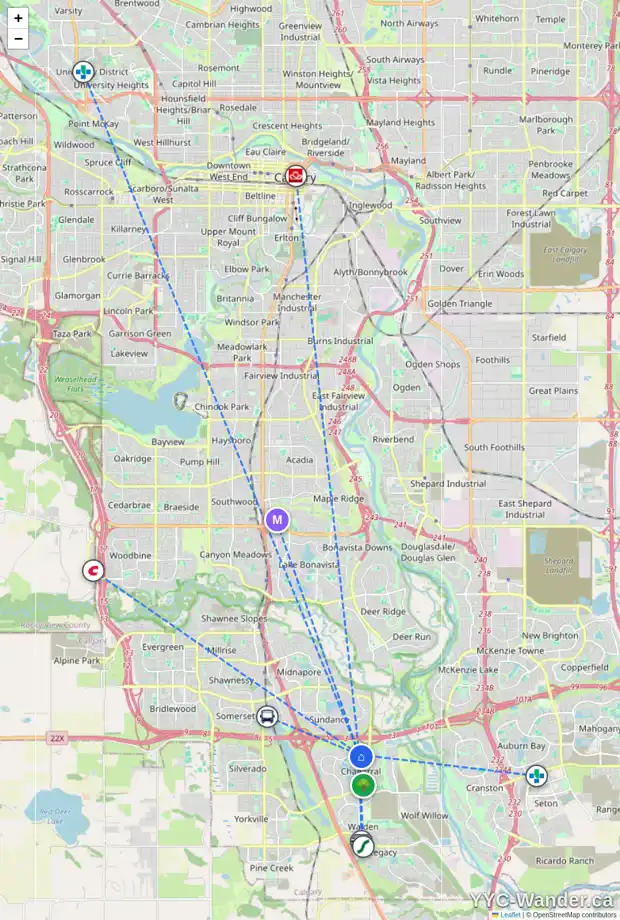 Daily accessibility map for 173 CHAPARRAL PL SE, Calgary showing nearby schools, grocery stores, parks, LRT stations and nearby amenities