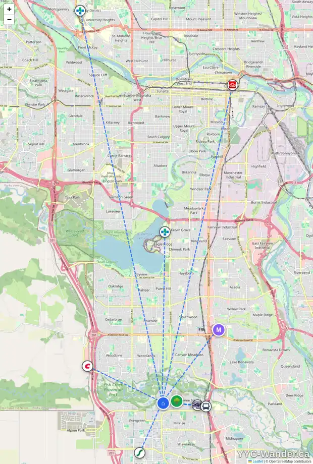 Daily accessibility map for 50 EVERGREEN LD SW, Calgary showing nearby schools, grocery stores, parks, LRT stations and nearby amenities
