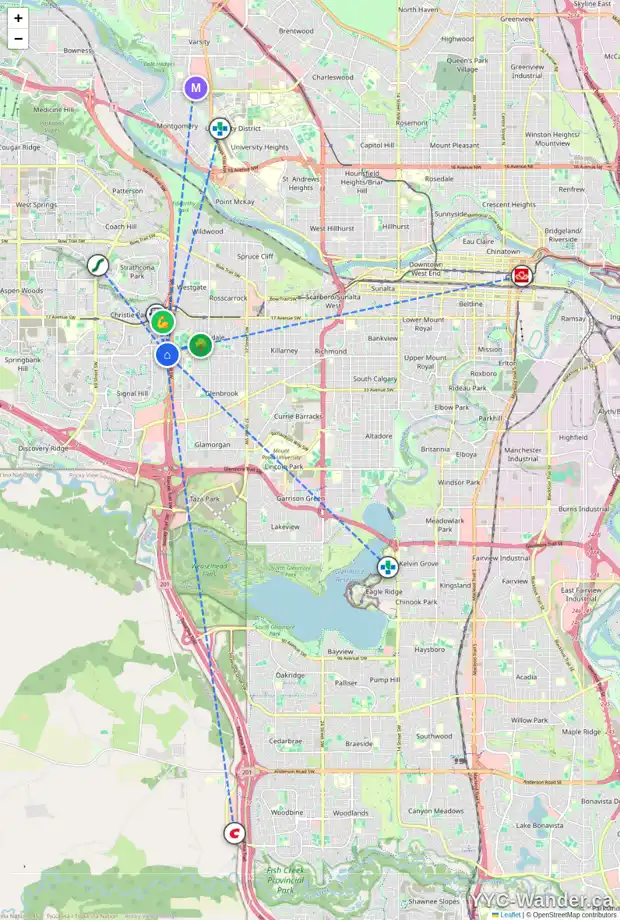 Daily accessibility map for 15 SIGNAL HILL LN SW, Calgary showing nearby schools, grocery stores, parks, LRT stations and nearby amenities