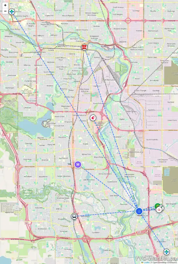 Daily accessibility map for 15 MT ALBERTA GR SE, Calgary showing nearby schools, grocery stores, parks, LRT stations and nearby amenities