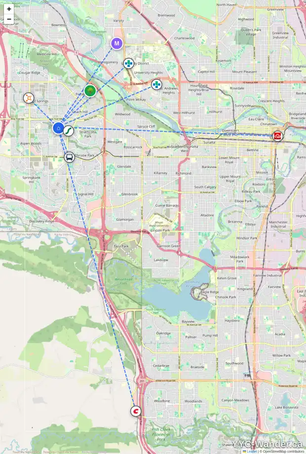 Daily accessibility map for 43 STRATHRIDGE GD SW, Calgary showing nearby schools, grocery stores, parks, LRT stations and nearby amenities