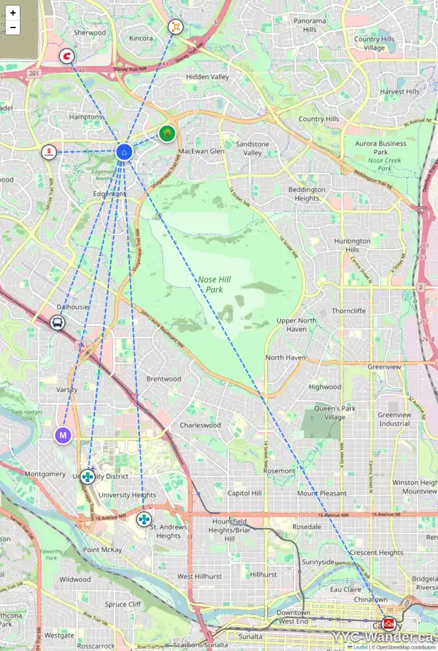 Daily accessibility map for 99 EDGERIDGE PA NW, Calgary showing nearby schools, grocery stores, parks, LRT stations and nearby amenities