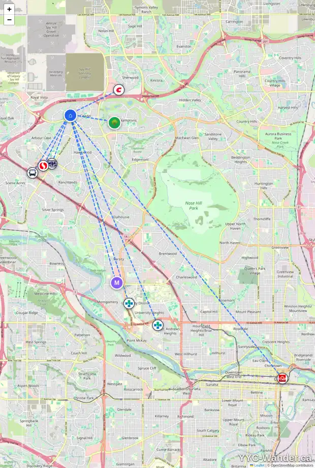 Daily accessibility map for 98 CITADEL RIDGE CL NW, Calgary showing nearby schools, grocery stores, parks, LRT stations and nearby amenities