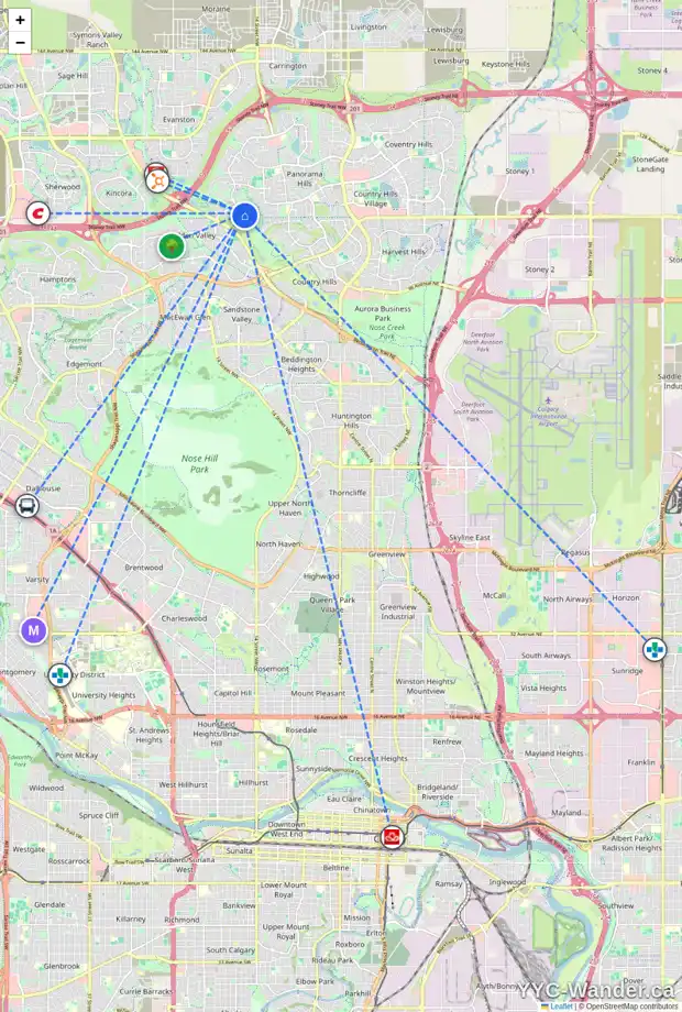 Daily accessibility map for 108 HIDDEN CREEK PA NW, Calgary showing nearby schools, grocery stores, parks, LRT stations and nearby amenities