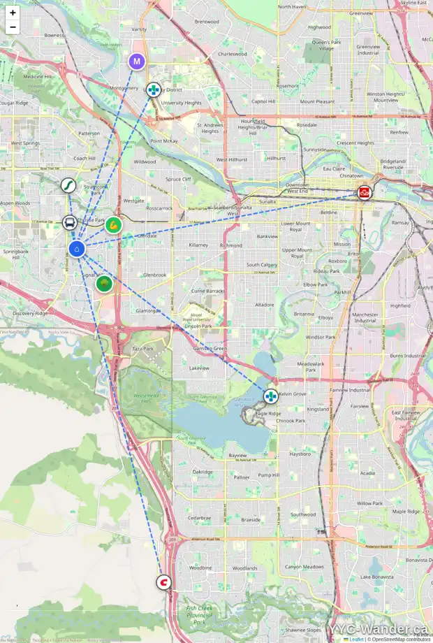 Daily accessibility map for 57 SIMCREST GV SW, Calgary showing nearby schools, grocery stores, parks, LRT stations and nearby amenities