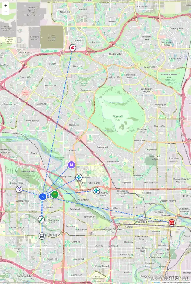 Daily accessibility map for 302 7171 COACH HILL RD SW, Calgary showing nearby schools, grocery stores, parks, LRT stations and nearby amenities