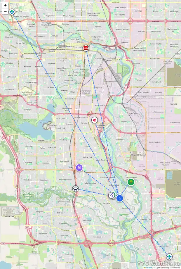 Daily accessibility map for 14008 DEER RIDGE DR SE, Calgary showing nearby schools, grocery stores, parks, LRT stations and nearby amenities