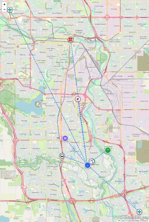 Daily accessibility map for 14023 PARKLAND BV SE, Calgary showing nearby schools, grocery stores, parks, LRT stations and nearby amenities