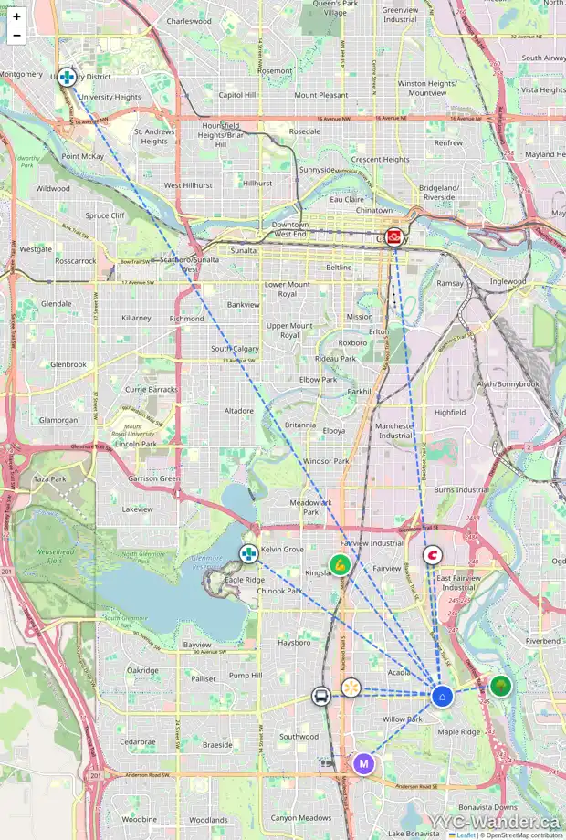 Daily accessibility map for 9836 7 ST SE, Calgary showing nearby schools, grocery stores, parks, LRT stations and nearby amenities