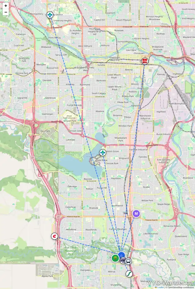 Daily accessibility map for 95 SHAWNEE RI SW, Calgary showing nearby schools, grocery stores, parks, LRT stations and nearby amenities