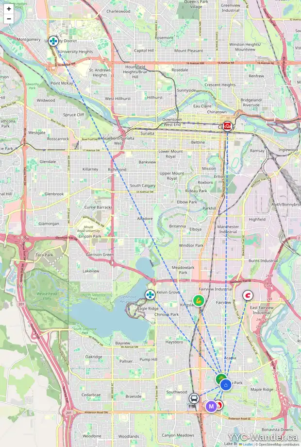 Daily accessibility map for 10212 FAIRMOUNT DR SE, Calgary showing nearby schools, grocery stores, parks, LRT stations and nearby amenities