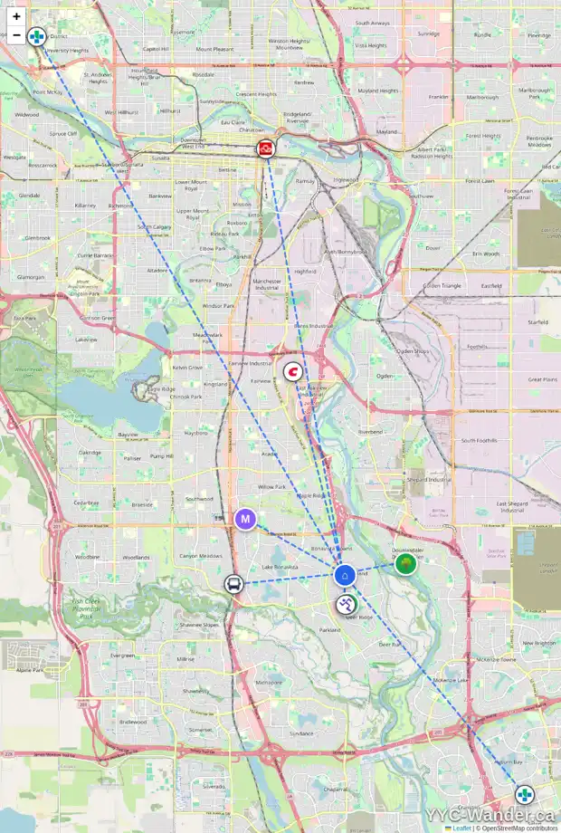 Daily accessibility map for 504 QUEENSLAND DR SE, Calgary showing nearby schools, grocery stores, parks, LRT stations and nearby amenities