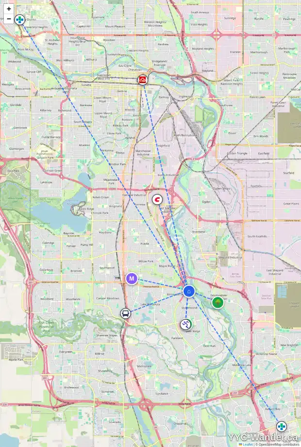 Daily accessibility map for 111 DIAMOND PT SE, Calgary showing nearby schools, grocery stores, parks, LRT stations and nearby amenities