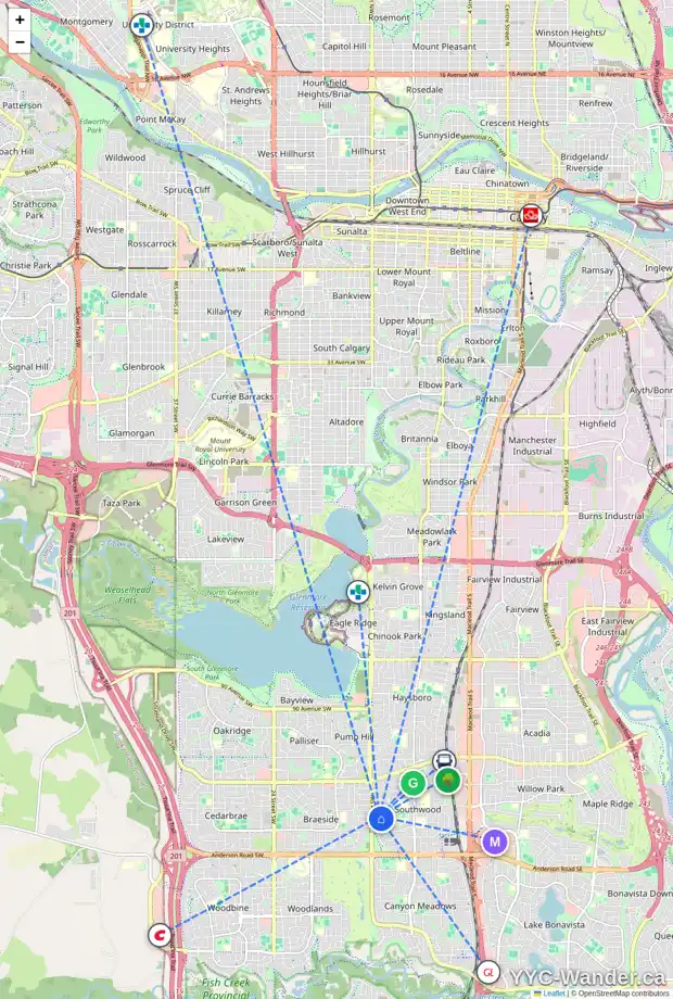 Daily accessibility map for 1323 108 AV SW, Calgary showing nearby schools, grocery stores, parks, LRT stations and nearby amenities