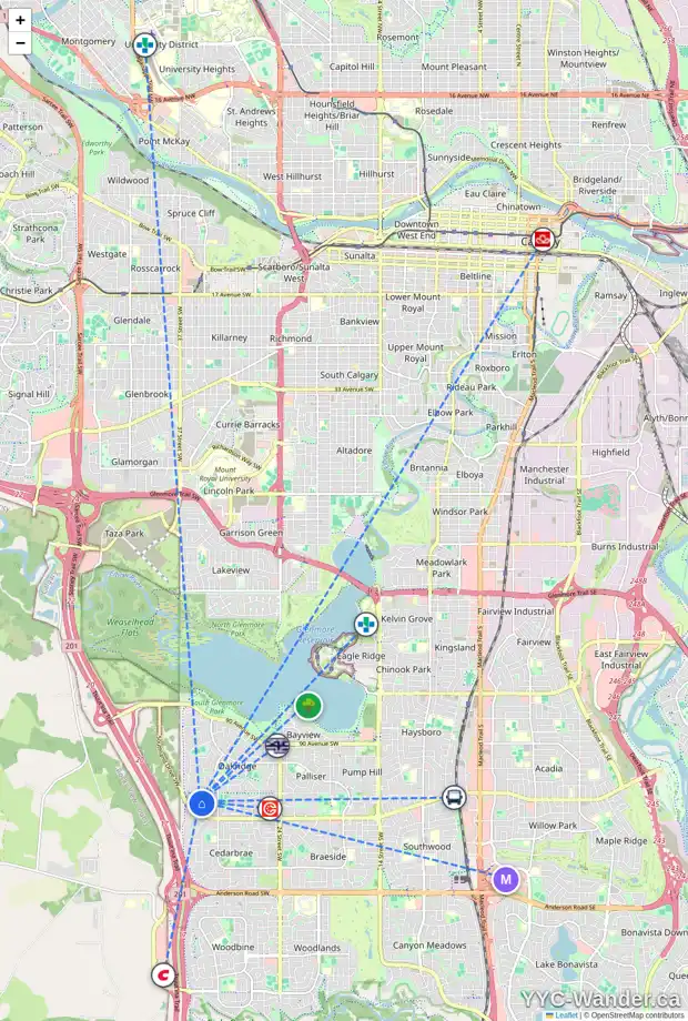Daily accessibility map for 521 OAKRIDGE WY SW, Calgary showing nearby schools, grocery stores, parks, LRT stations and nearby amenities