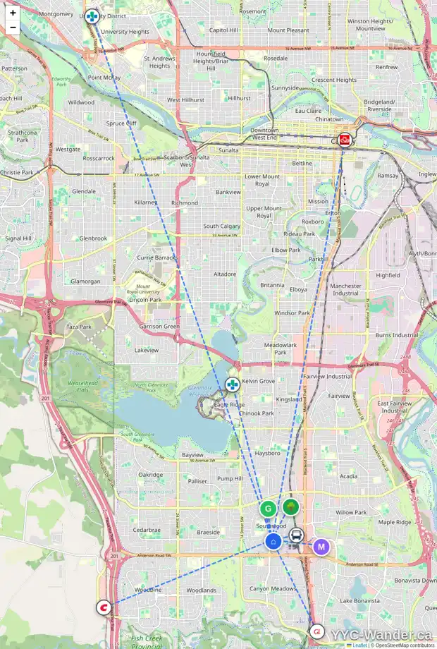 Daily accessibility map for 832 SOUTHMOUNT PL SW, Calgary showing nearby schools, grocery stores, parks, LRT stations and nearby amenities