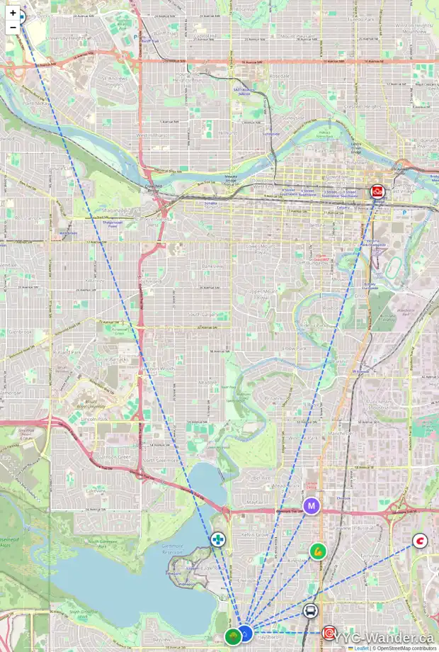 Daily accessibility map for 4 HUXLEY PL SW, Calgary showing nearby schools, grocery stores, parks, LRT stations and nearby amenities
