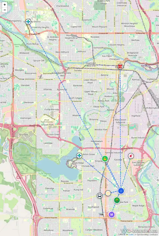 Daily accessibility map for 40 ATLANTA CR SE, Calgary showing nearby schools, grocery stores, parks, LRT stations and nearby amenities