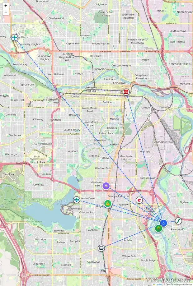 Daily accessibility map for 27 RIVERSIDE CL SE, Calgary showing nearby schools, grocery stores, parks, LRT stations and nearby amenities