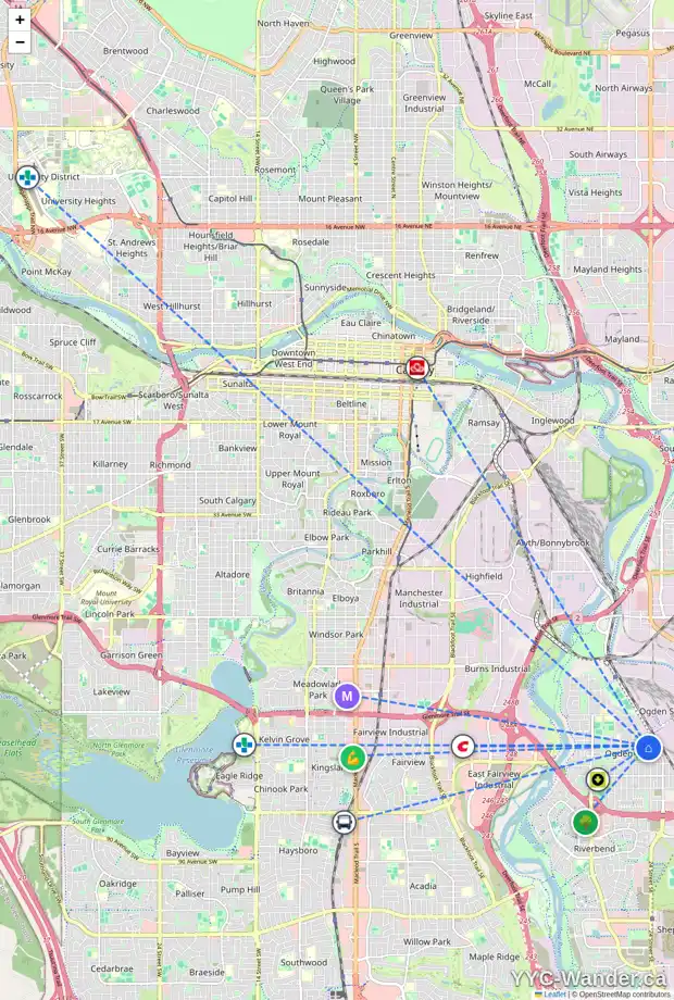 Daily accessibility map for 2440 CRESTWOOD RD SE, Calgary showing nearby schools, grocery stores, parks, LRT stations and nearby amenities
