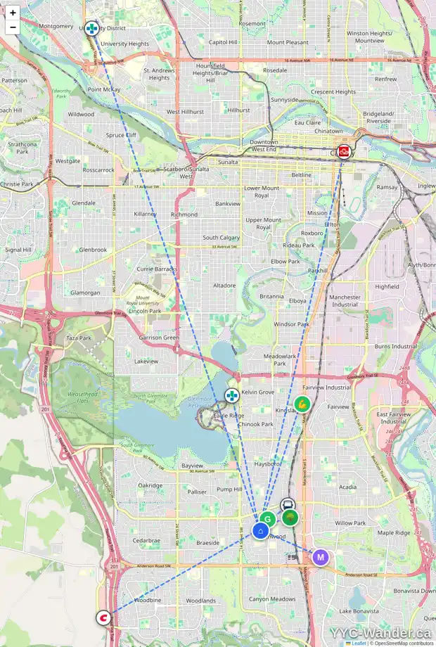 Daily accessibility map for 1136 105 AV SW, Calgary showing nearby schools, grocery stores, parks, LRT stations and nearby amenities