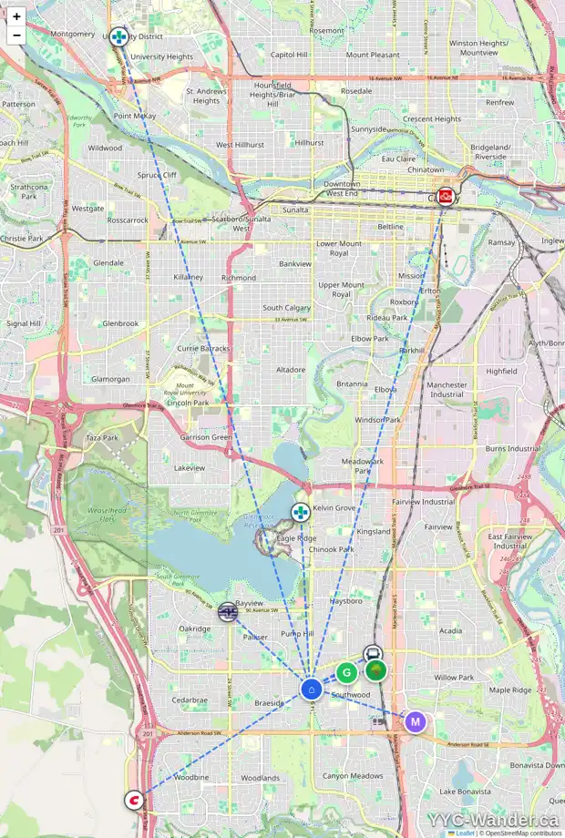 Daily accessibility map for 80 BRACEBRIDGE CR SW, Calgary showing nearby schools, grocery stores, parks, LRT stations and nearby amenities