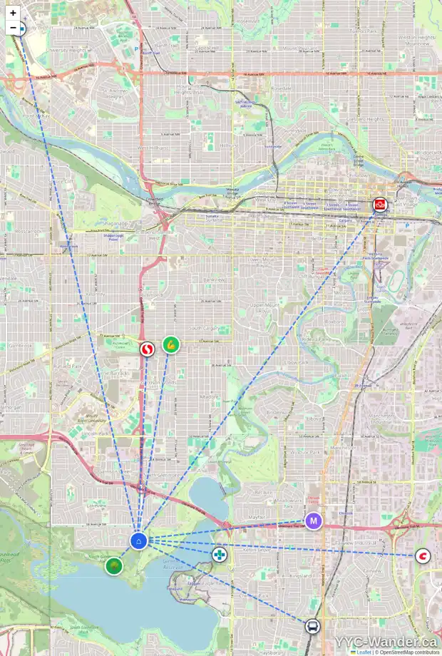 Daily accessibility map for 2518 LONGWOOD CO SW, Calgary showing nearby schools, grocery stores, parks, LRT stations and nearby amenities