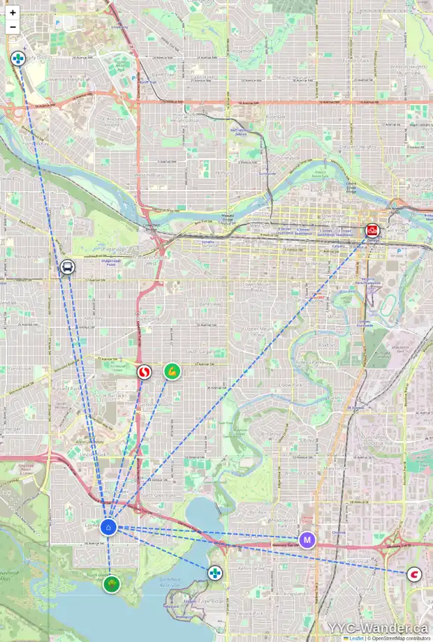 Daily accessibility map for 2851 63 AV SW, Calgary showing nearby schools, grocery stores, parks, LRT stations and nearby amenities