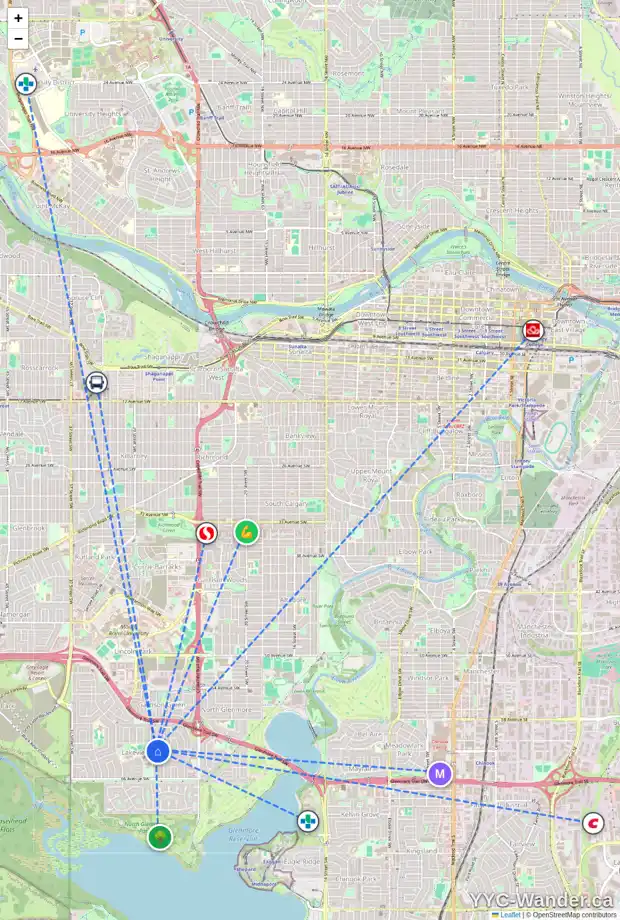Daily accessibility map for 2844 63 AV SW, Calgary showing nearby schools, grocery stores, parks, LRT stations and nearby amenities