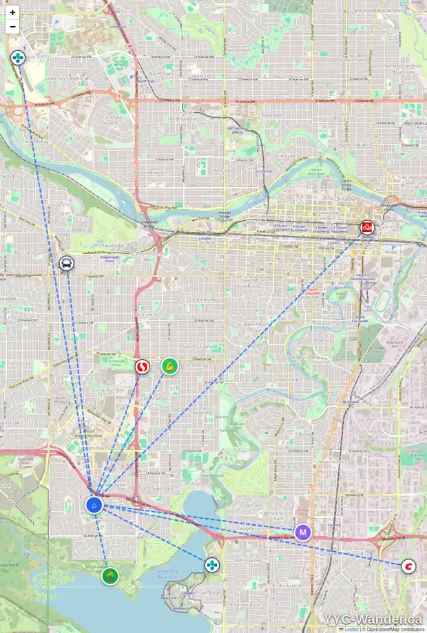 Daily accessibility map for 3144 LEDUC CR SW, Calgary showing nearby schools, grocery stores, parks, LRT stations and nearby amenities