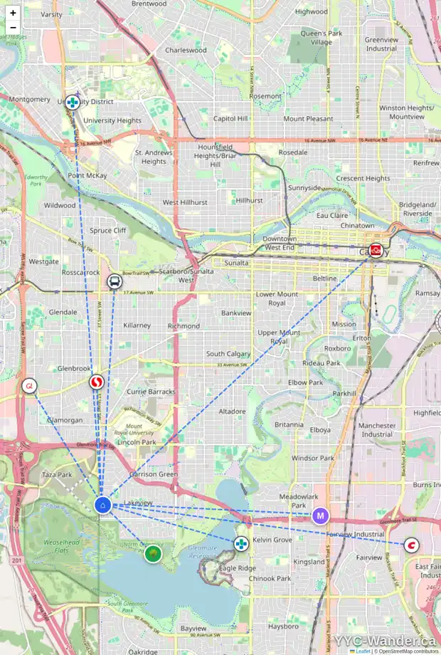 Daily accessibility map for 6304 37 ST SW, Calgary showing nearby schools, grocery stores, parks, LRT stations and nearby amenities