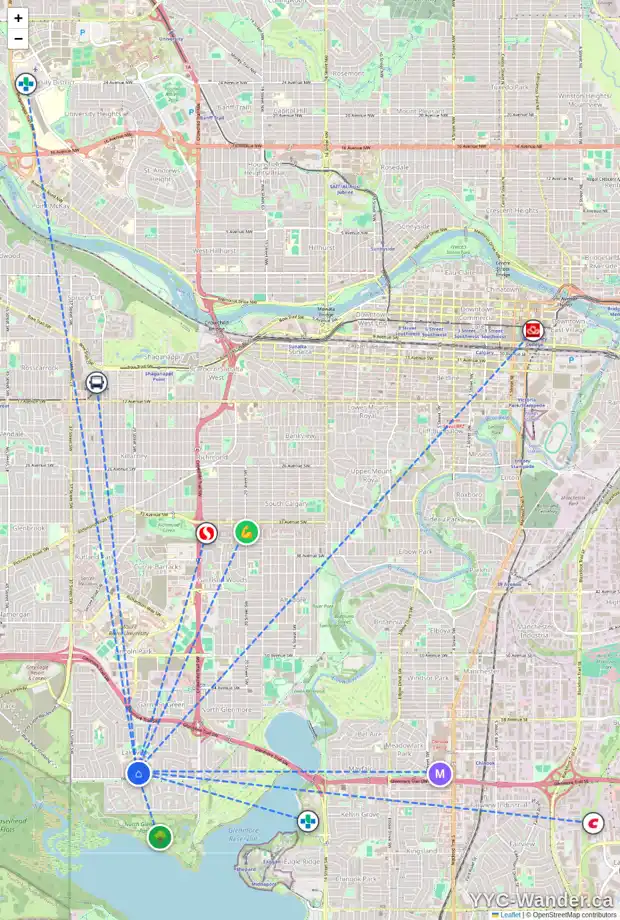 Daily accessibility map for 520 3130 66 AV SW, Calgary showing nearby schools, grocery stores, parks, LRT stations and nearby amenities