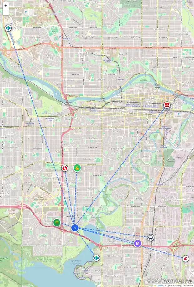 Daily accessibility map for 2108 LINCOLN DR SW, Calgary showing nearby schools, grocery stores, parks, LRT stations and nearby amenities