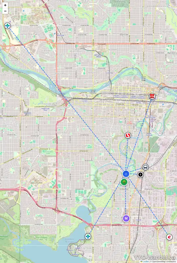 Daily accessibility map for 4507 4A ST SW, Calgary showing nearby schools, grocery stores, parks, LRT stations and nearby amenities