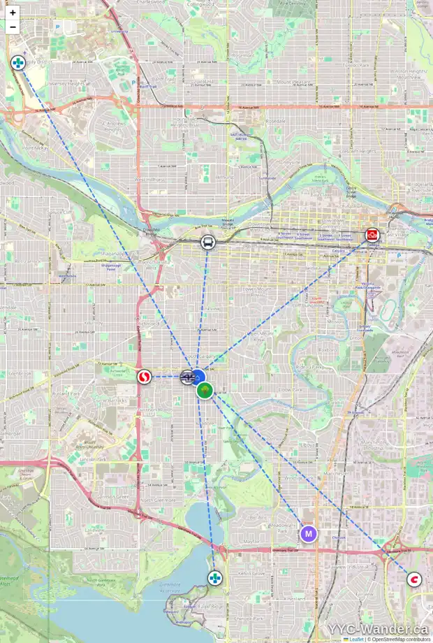 Daily accessibility map for 1744 35 AV SW, Calgary showing nearby schools, grocery stores, parks, LRT stations and nearby amenities