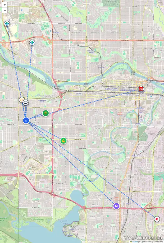 Daily accessibility map for 2420 34 ST SW, Calgary showing nearby schools, grocery stores, parks, LRT stations and nearby amenities