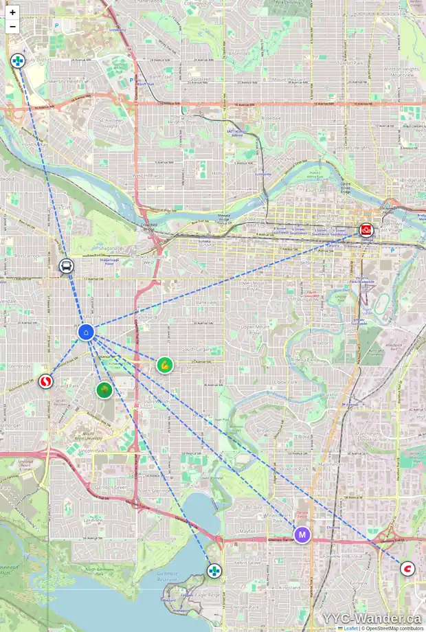 Daily accessibility map for 2823 30 ST SW, Calgary showing nearby schools, grocery stores, parks, LRT stations and nearby amenities