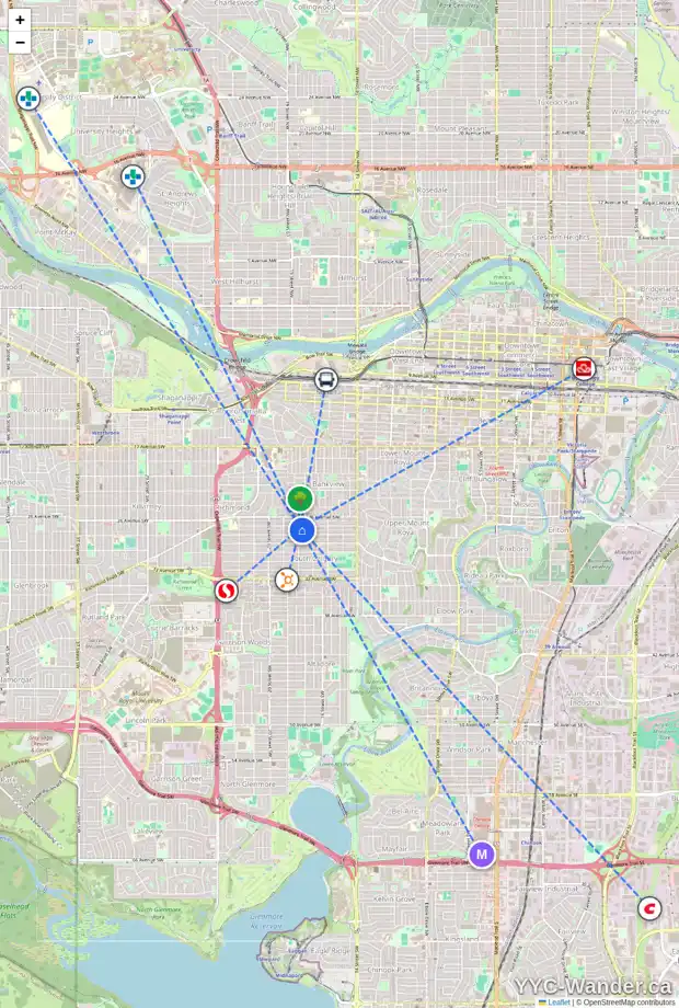 Daily accessibility map for 1839 27 AV SW, Calgary showing nearby schools, grocery stores, parks, LRT stations and nearby amenities