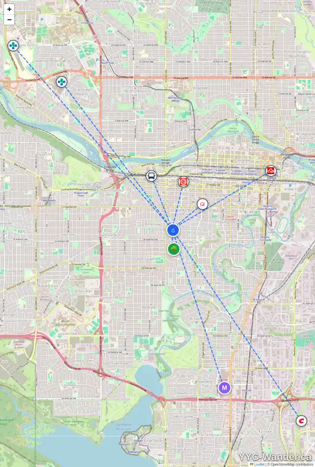 Daily accessibility map for 1320 PROSPECT AV SW, Calgary showing nearby schools, grocery stores, parks, LRT stations and nearby amenities