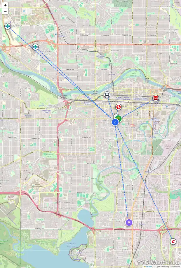 Daily accessibility map for 911 18 AV SW, Calgary showing nearby schools, grocery stores, parks, LRT stations and nearby amenities