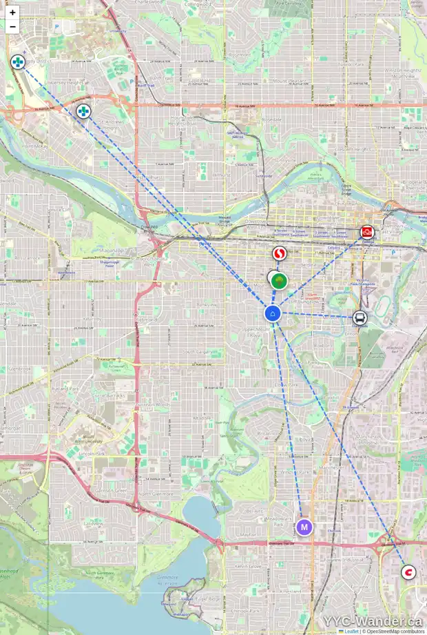 Daily accessibility map for 2207 AMHERST ST SW, Calgary showing nearby schools, grocery stores, parks, LRT stations and nearby amenities