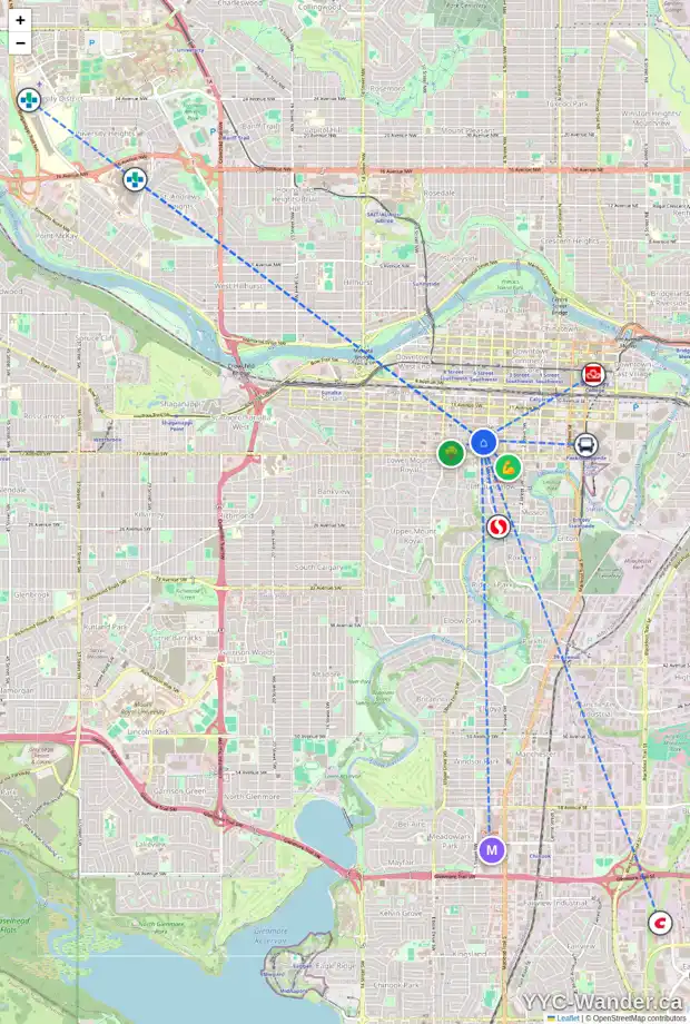 Daily accessibility map for 203 616 15 AV SW, Calgary showing nearby schools, grocery stores, parks, LRT stations and nearby amenities
