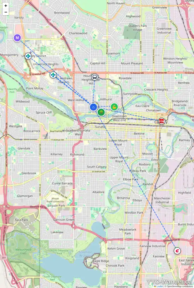 Daily accessibility map for 1928 WESTMOUNT RD NW, Calgary showing nearby schools, grocery stores, parks, LRT stations and nearby amenities