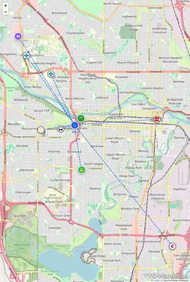 Daily accessibility map for 2308 SANDHURST AV SW, Calgary showing nearby schools, grocery stores, parks, LRT stations and nearby amenities